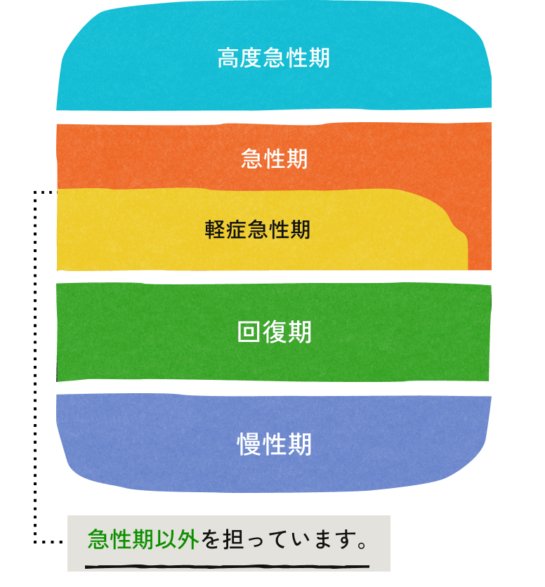 医療フェーズの流れを示す図表。高度急性期から急性期、軽症急性期、回復期、慢性期、生活期がある。奈良東病院では急性期以外を担っています。